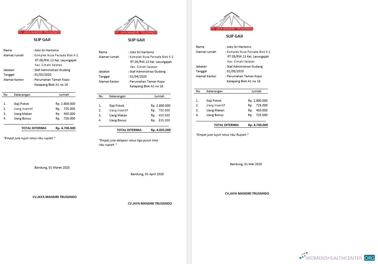 CV. Jaya Mandiri Trussindo building materials store payslip (in Indonesian language) template in Word and PDF formats